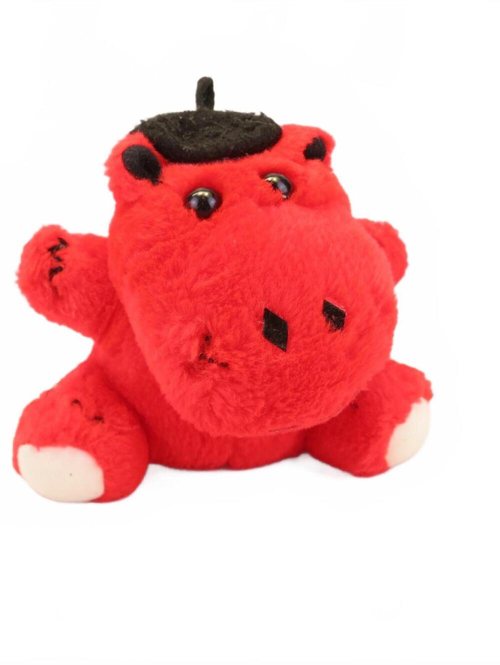 Vintage Red Plush Hippo Stuffed Animal with Black Beret